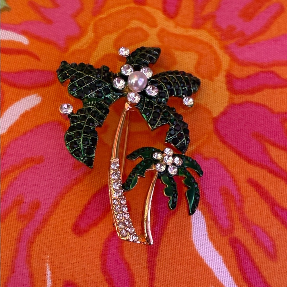 Gold-tone Palm Tree Brooch with Green Rhinestones and Faux Pearl Center
